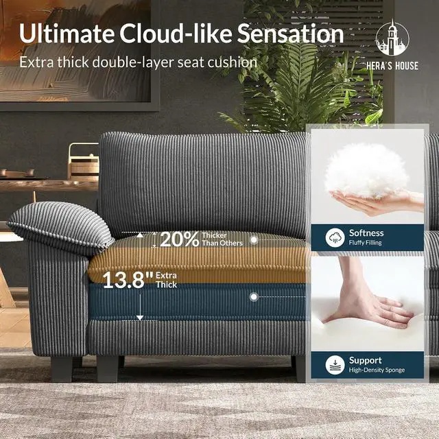Alt view image 6 of 7 - HERA'S HOUSE 88" Oversized Modular Sectional Loveseat Sofa, Corduroy Grey | Loveseat Living Room Couches, Wider Armrest and Deep Seat, Comfy Cloud Couch with Ottoman, Wood Sturdy Frame
