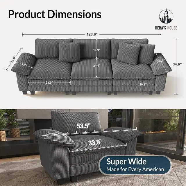 Alt view image 2 of 7 - HERA'S HOUSE 124" Oversized Modular Sectional Straight Sofa, Corduroy Grey | 3-Seater Living Room Couches, Wider Armrest and Deep Seat, Comfy Cloud Couch with Ottoman, Wood Sturdy Frame