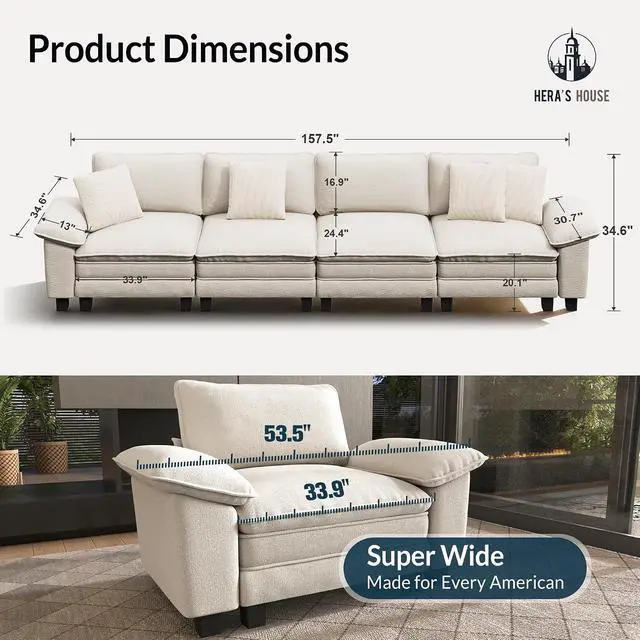 Alt view image 2 of 7 - HERA'S HOUSE 158" Oversized Modular Sectional Straight Sofa,Chenille White | 4-Seater Living Room Couches, Wider Armrest and Deep Seat, Comfy Cloud Couch with Ottoman, Wood Sturdy Frame