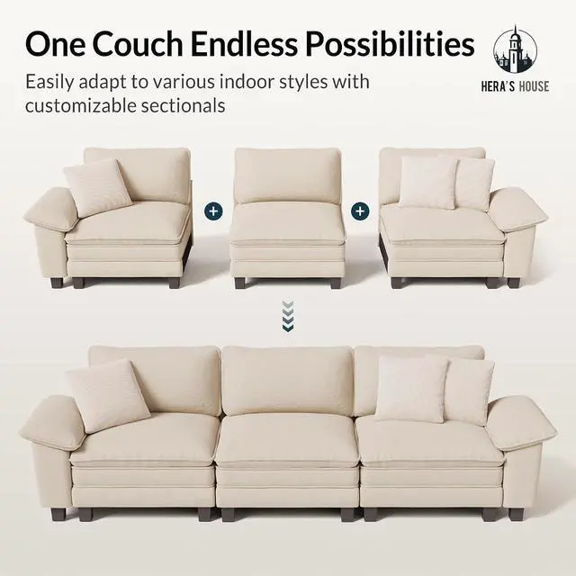 Alt view image 7 of 7 - HERA'S HOUSE 1-Seat Modular Couch Accent Chair Sofa with Throw Pillow | Modern 53.5" Single Seat, White, Wider Armrest, Comfy Deep Seat, Soft Chenille Sofa Chair for Living Room