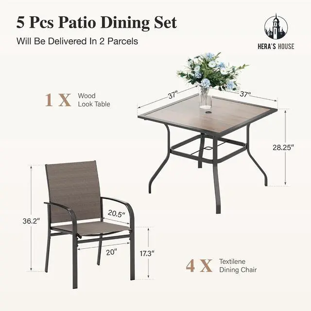 Alt view image 6 of 7 - HERA'S HOUSE Patio Dining Set for 4, Wood-Look Metal Table, Brown Chair | 37" outdoor square table + textilene chairs, All-weather, rust-resistant for Lawn Garden Backyard