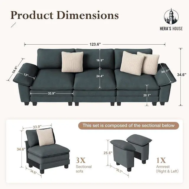 Alt view image 2 of 7 - HERA'S HOUSE 124" Oversized Modular Sectional Straight Sofa,Chenille Blue | 3-Seater Living Room Couches, Wider Armrest and Deep Seat, Comfy Cloud Couch with Ottoman, Wood Sturdy Frame