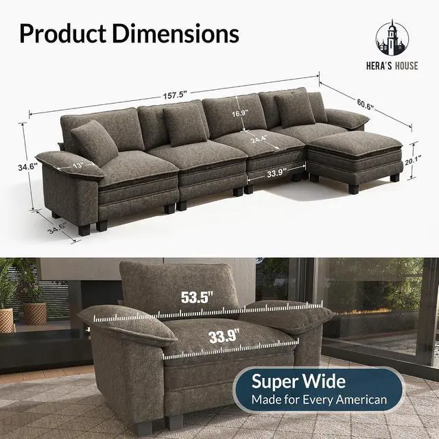 Alt view image 2 of 7 - HERA'S HOUSE 158" Oversized Modular Sectional L Shaped Sofa,Chenille Ash | 5-Seater Living Room Couches, Wider Armrest and Deep Seat, Comfy Cloud Couch with Ottoman, Light Gray
