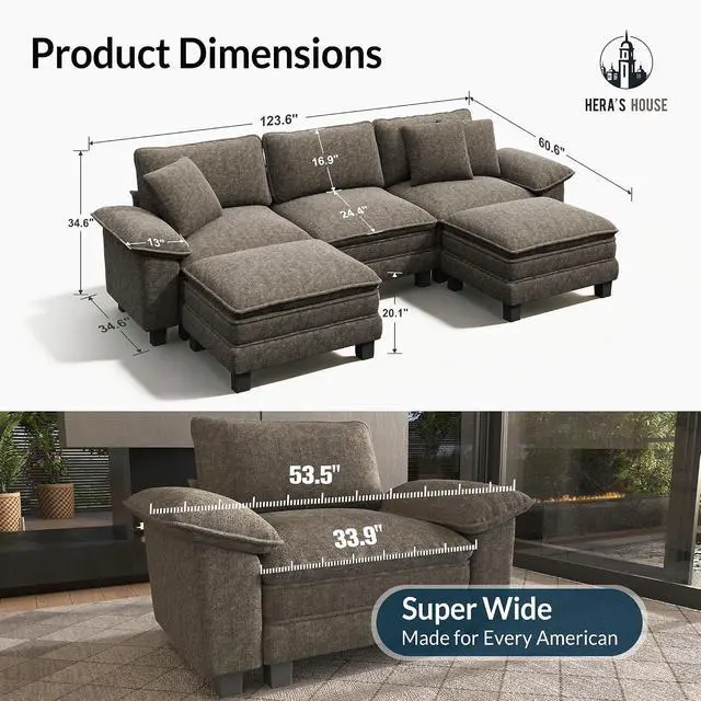Alt view image 2 of 7 - HERA'S HOUSE 124" Oversized Modular Sectional U Shaped Sofa,Chenille Ash | 5-Seater Living Room Couches, Wider Armrest and Deep Seat, Comfy Cloud Couch with Ottoman, Light Gray