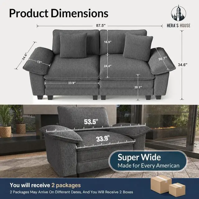 Alt view image 2 of 7 - HERA'S HOUSE 88" Oversized Modular Sectional Loveseat Sofa, Corduroy Grey | Loveseat Living Room Couches, Wider Armrest and Deep Seat, Comfy Cloud Couch with Ottoman, Wood Sturdy Frame