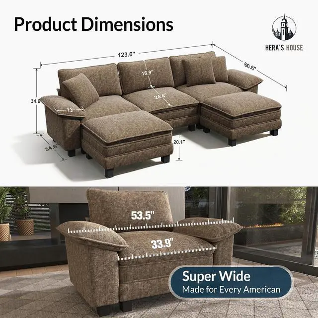 Alt view image 2 of 7 - HERA'S HOUSE 124" Oversized Modular Sectional U Shaped Sofa,Chenille Taupe | 5-Seater Living Room Couches, Wider Armrest and Deep Seat, Comfy Cloud Couch with Ottoman, Grayish Brown