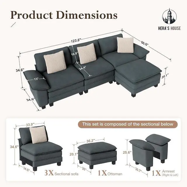Alt view image 2 of 7 - HERA'S HOUSE 124" Oversized Modular Sectional L Shaped Sofa,Chenille Blue | 4-Seater Living Room Couches, Wider Armrest and Deep Seat, Comfy Cloud Couch with Ottoman, Wood Sturdy Frame