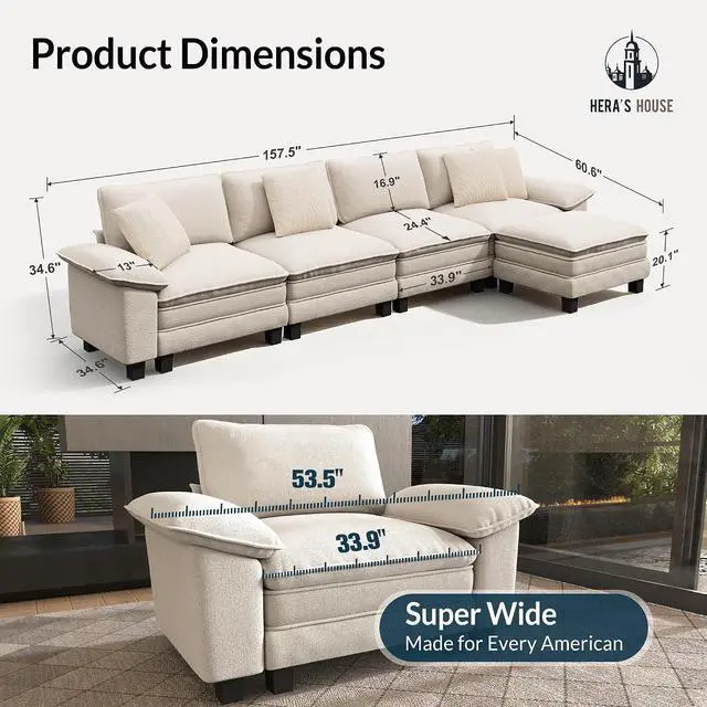 Alt view image 2 of 7 - HERA'S HOUSE 158" Oversized Modular Sectional L Shaped Sofa,Chenille White | 5-Seater Living Room Couches, Wider Armrest and Deep Seat, Comfy Cloud Couch with Ottoman, Wood Sturdy Frame