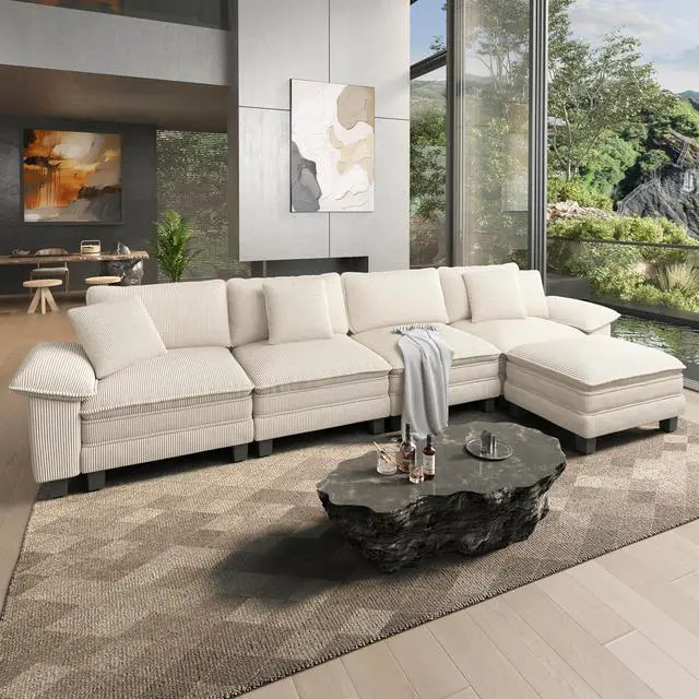 Main image of HERA'S HOUSE 158" Oversized Modular Sectional L Shaped Sofa, Corduroy Beige | 5-Seater Living Room Couches, Wider Armrest and Deep Seat, Comfy Cloud Couch with Ottoman, Wood Sturdy Frame