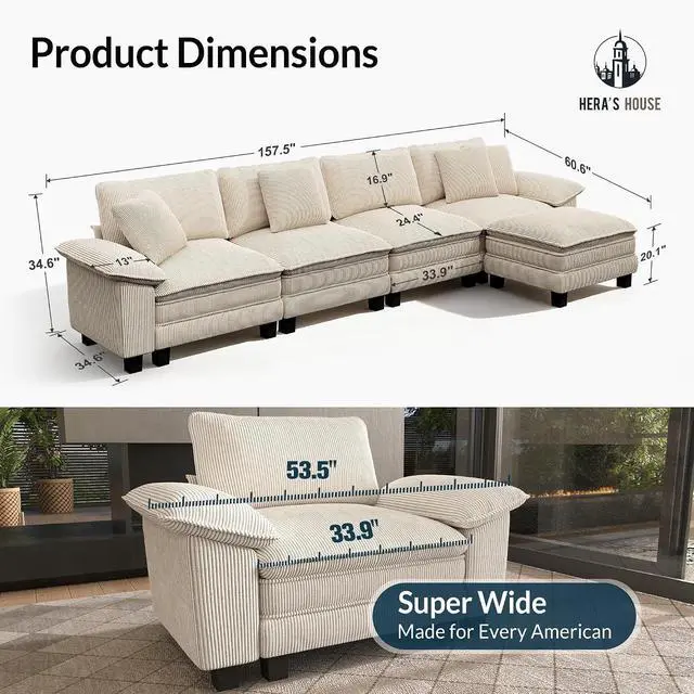 Alt view image 2 of 7 - HERA'S HOUSE 158" Oversized Modular Sectional L Shaped Sofa, Corduroy Beige | 5-Seater Living Room Couches, Wider Armrest and Deep Seat, Comfy Cloud Couch with Ottoman, Wood Sturdy Frame