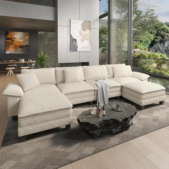 Main image of HERA'S HOUSE 158" Oversized Modular Sectional U Shaped Sofa, Corduroy Beige | 6-Seater Living Room Couches, Wider Armrest and Deep Seat, Comfy Cloud Couch with Ottoman, Wood Sturdy Frame