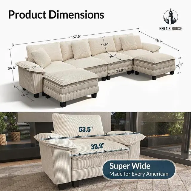 Alt view image 2 of 7 - HERA'S HOUSE 158" Oversized Modular Sectional U Shaped Sofa, Corduroy Beige | 6-Seater Living Room Couches, Wider Armrest and Deep Seat, Comfy Cloud Couch with Ottoman, Wood Sturdy Frame