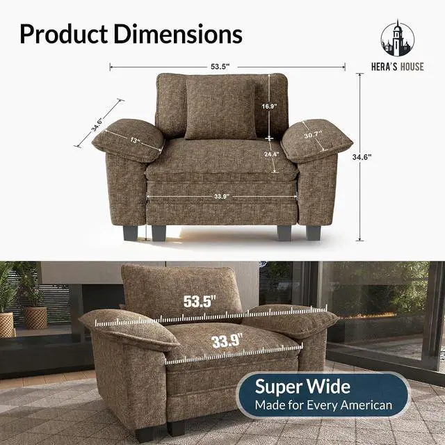 Alt view image 2 of 7 - HERA'S HOUSE 1-Seat Modular Couch Accent Chair Sofa with Throw Pillow | Modern 53.5" Single Seat, Grayish Brown, Wider Armrest, Comfy Deep Seat, Soft Chenille Sofa Chair for Living Room