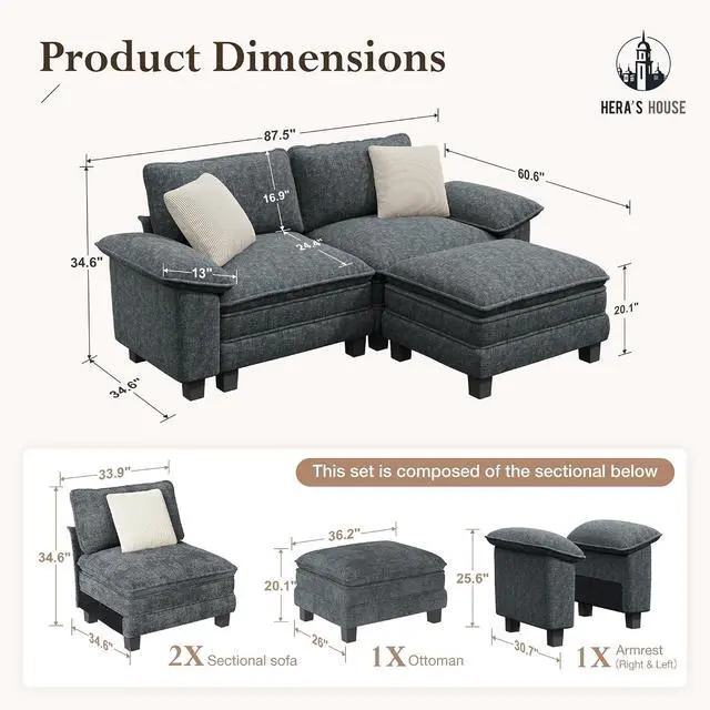 Alt view image 2 of 7 - HERA'S HOUSE 3-Seat L Shaped Modular Cloud Couch Sectional Sofa Ottoman | Modern 87.5" Couch, Cyan, Wider Armrest, Comfy Deep Seat, Soft Chenille Sofa for Living Room