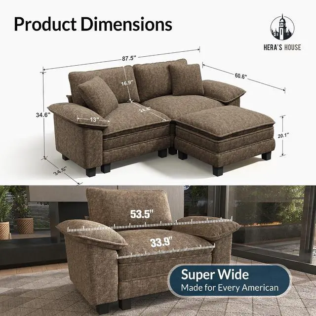 Alt view image 2 of 7 - HERA'S HOUSE 3-Seat L Shaped Modular Cloud Couch Sectional Sofa Ottoman | Modern 87.5" Couch, Grayish Brown, Wider Armrest, Comfy Deep Seat, Soft Chenille Sofa for Living Room