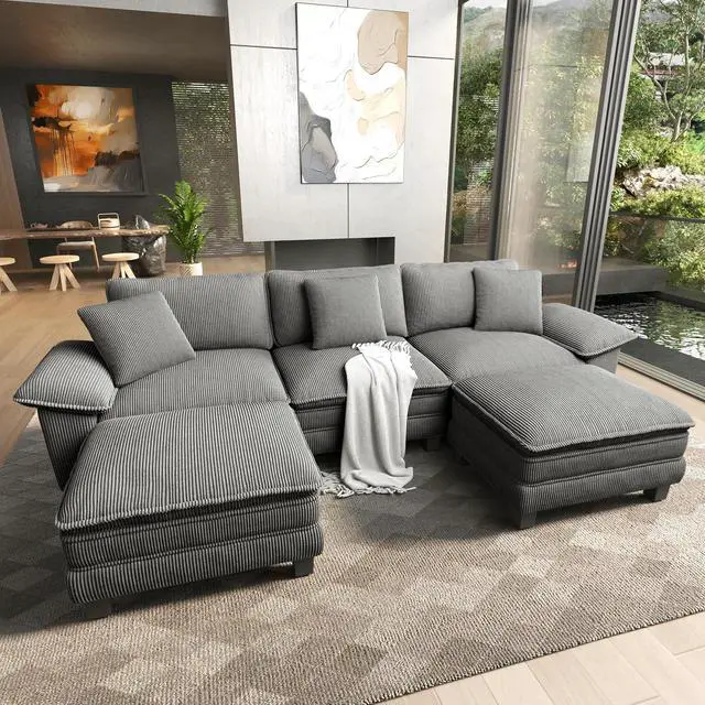Main image of HERA'S HOUSE 124" Oversized Modular Sectional U Shaped Sofa, Corduroy Grey | 5-Seater Living Room Couches, Wider Armrest and Deep Seat, Comfy Cloud Couch with Ottoman, Wood Sturdy Frame