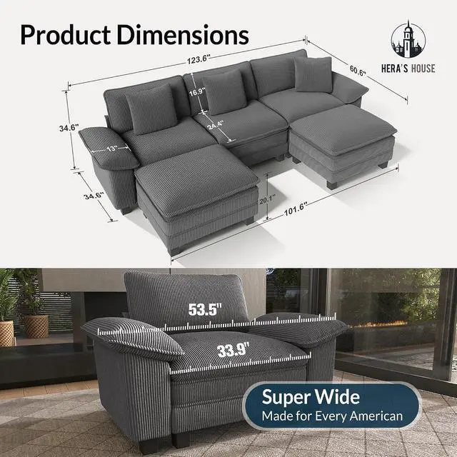 Alt view image 2 of 7 - HERA'S HOUSE 124" Oversized Modular Sectional U Shaped Sofa, Corduroy Grey | 5-Seater Living Room Couches, Wider Armrest and Deep Seat, Comfy Cloud Couch with Ottoman, Wood Sturdy Frame