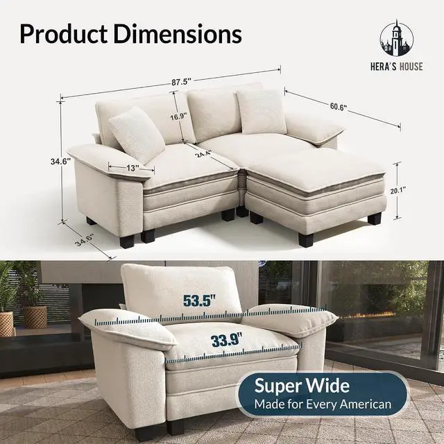 Alt view image 2 of 7 - HERA'S HOUSE 3-Seat L Shaped Modular Cloud Couch Sectional Sofa Ottoman | Modern 87.5" Couch, White, Wider Armrest, Comfy Deep Seat, Soft Chenille Sofa for Living Room