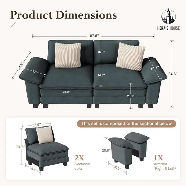 Alt view image 2 of 7 - HERA'S HOUSE 88" Oversized Modular Sectional Loveseat Sofa,Chenille Blue | Loveseat Living Room Couches, Wider Armrest and Deep Seat, Comfy Cloud Couch with Ottoman, Wood Sturdy Frame