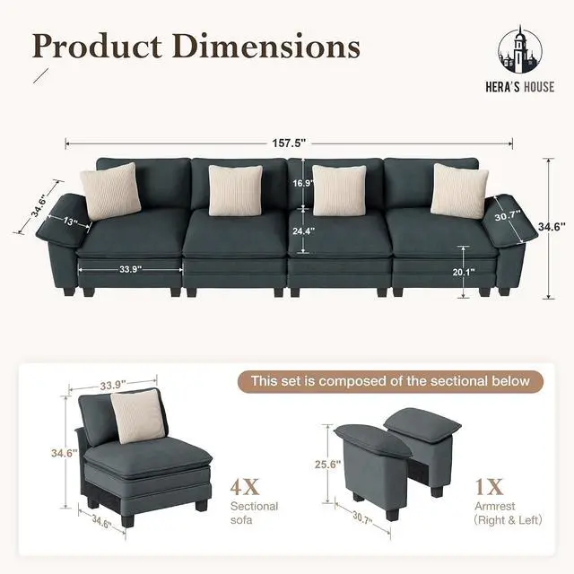Alt view image 2 of 7 - HERA'S HOUSE 158" Oversized Modular Sectional Straight Sofa,Chenille Blue | 4-Seater Living Room Couches, Wider Armrest and Deep Seat, Comfy Cloud Couch with Ottoman, Wood Sturdy Frame