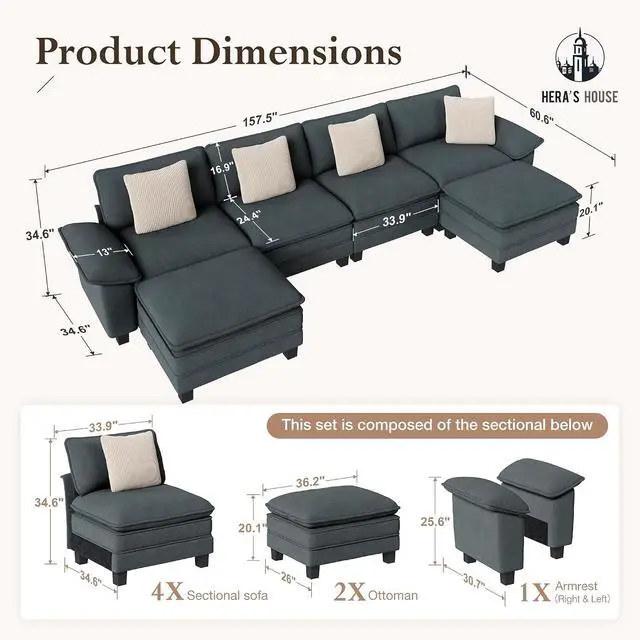 Alt view image 2 of 7 - HERA'S HOUSE 158" Oversized Modular Sectional U Shaped Sofa,Chenille Blue | 6-Seater Living Room Couches, Wider Armrest and Deep Seat, Comfy Cloud Couch with Ottoman, Wood Sturdy Frame