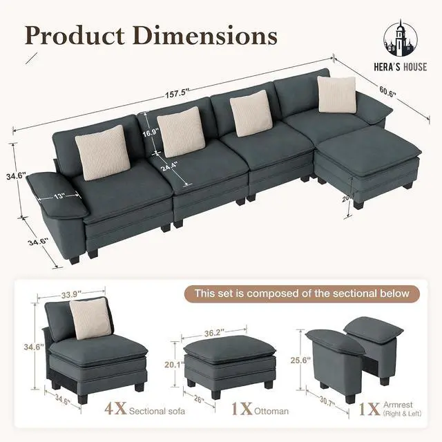 Alt view image 2 of 7 - HERA'S HOUSE 158" Oversized Modular Sectional L Shaped Sofa,Chenille Blue | 5-Seater Living Room Couches, Wider Armrest and Deep Seat, Comfy Cloud Couch with Ottoman, Wood Sturdy Frame