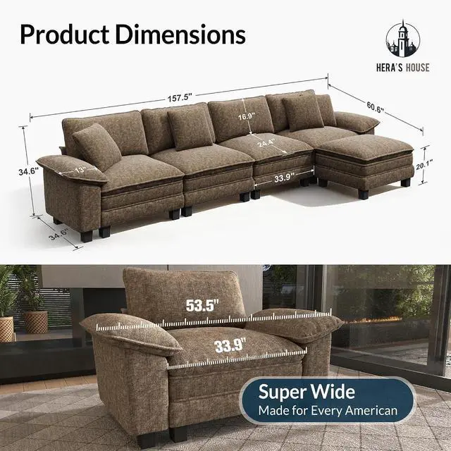 Alt view image 2 of 7 - HERA'S HOUSE 158" Oversized Modular Sectional L Shaped Sofa,Chenille Taupe | 5-Seater Living Room Couches, Wider Armrest and Deep Seat, Comfy Cloud Couch with Ottoman, Grayish Brown