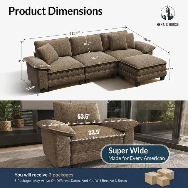 Alt view image 2 of 7 - HERA'S HOUSE 124" Oversized Modular Sectional L Shaped Sofa,Chenille Taupe | 4-Seater Living Room Couches, Wider Armrest and Deep Seat, Comfy Cloud Couch with Ottoman, Grayish Brown