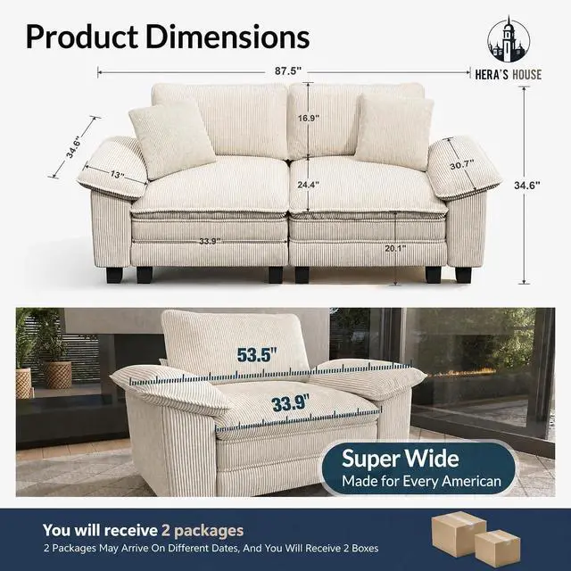 Alt view image 2 of 7 - HERA'S HOUSE 88" Oversized Modular Sectional Loveseat Sofa, Corduroy Beige | Loveseat Living Room Couches, Wider Armrest and Deep Seat, Comfy Cloud Couch with Ottoman, Wood Sturdy Frame