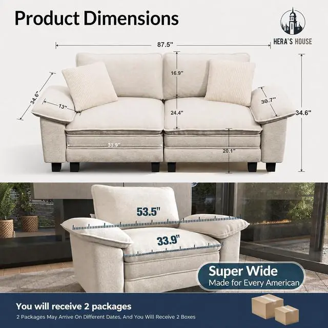 Alt view image 2 of 7 - HERA'S HOUSE 88" Oversized Modular Sectional Loveseat Sofa,Chenille White | Loveseat Living Room Couches, Wider Armrest and Deep Seat, Comfy Cloud Couch with Ottoman, Wood Sturdy Frame