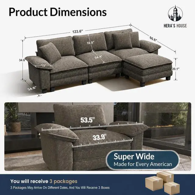 Alt view image 2 of 7 - HERA'S HOUSE 124" Oversized Modular Sectional L Shaped Sofa,Chenille Ash | 4-Seater Living Room Couches, Wider Armrest and Deep Seat, Comfy Cloud Couch with Ottoman, Light Gray