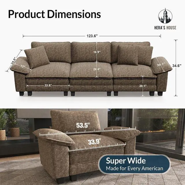Alt view image 2 of 7 - HERA'S HOUSE 124" Oversized Modular Sectional Straight Sofa,Chenille Taupe | 3-Seater Living Room Couches, Wider Armrest and Deep Seat, Comfy Cloud Couch with Ottoman, Grayish Brown