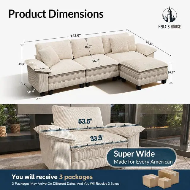 Alt view image 2 of 7 - HERA'S HOUSE 124" Oversized Modular Sectional L Shaped Sofa, Corduroy Beige | 4-Seater Living Room Couches, Wider Armrest and Deep Seat, Comfy Cloud Couch with Ottoman, Wood Sturdy Frame