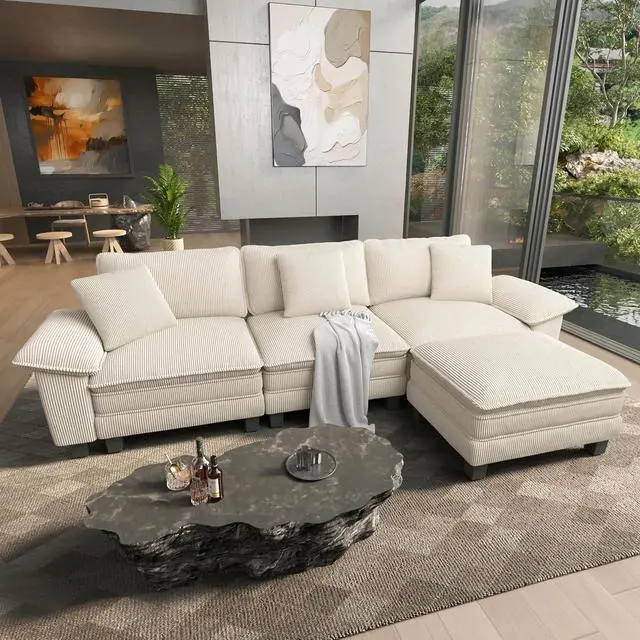 Main image of HERA'S HOUSE 124" Oversized Modular Sectional L Shaped Sofa, Corduroy Beige | 4-Seater Living Room Couches, Wider Armrest and Deep Seat, Comfy Cloud Couch with Ottoman, Wood Sturdy Frame