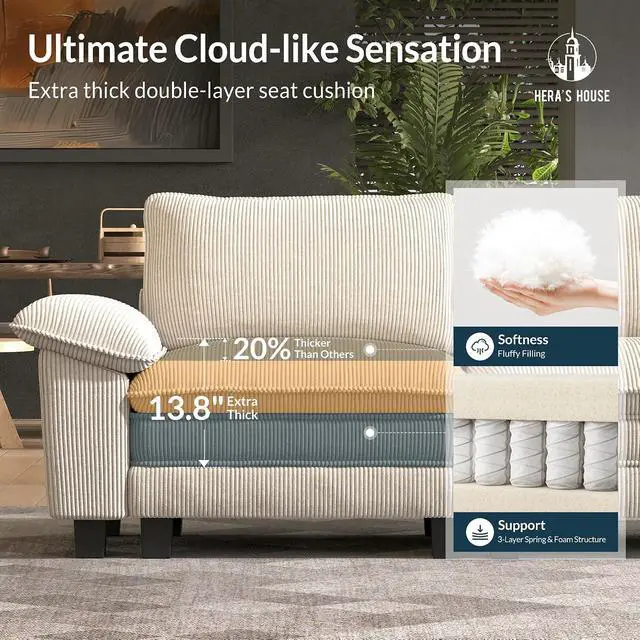 Alt view image 6 of 7 - HERA'S HOUSE 124" Oversized Modular Sectional L Shaped Sofa, Corduroy Beige | 4-Seater Living Room Couches, Wider Armrest and Deep Seat, Comfy Cloud Couch with Ottoman, Wood Sturdy Frame