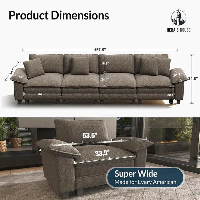 Alt view image 2 of 7 - HERA'S HOUSE 158" Oversized Modular Sectional Straight Sofa,Chenille Ash | 4-Seater Living Room Couches, Wider Armrest and Deep Seat, Comfy Cloud Couch with Ottoman, Light Gray
