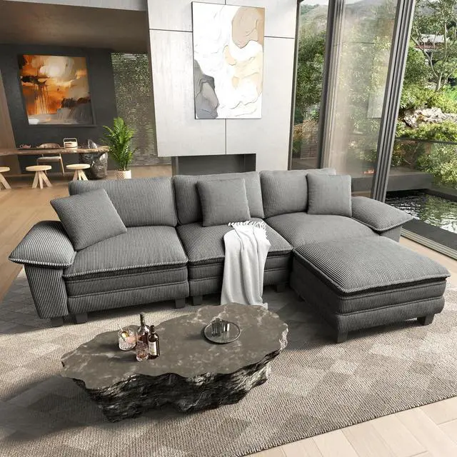 Main image of HERA'S HOUSE 124" Oversized Modular Sectional L Shaped Sofa, Corduroy Grey | 4-Seater Living Room Couches, Wider Armrest and Deep Seat, Comfy Cloud Couch with Ottoman, Wood Sturdy Frame