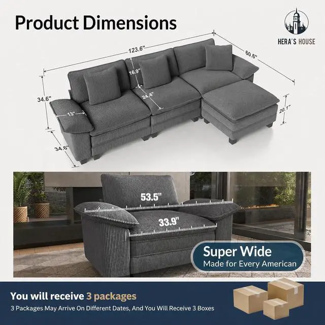 Alt view image 2 of 7 - HERA'S HOUSE 124" Oversized Modular Sectional L Shaped Sofa, Corduroy Grey | 4-Seater Living Room Couches, Wider Armrest and Deep Seat, Comfy Cloud Couch with Ottoman, Wood Sturdy Frame