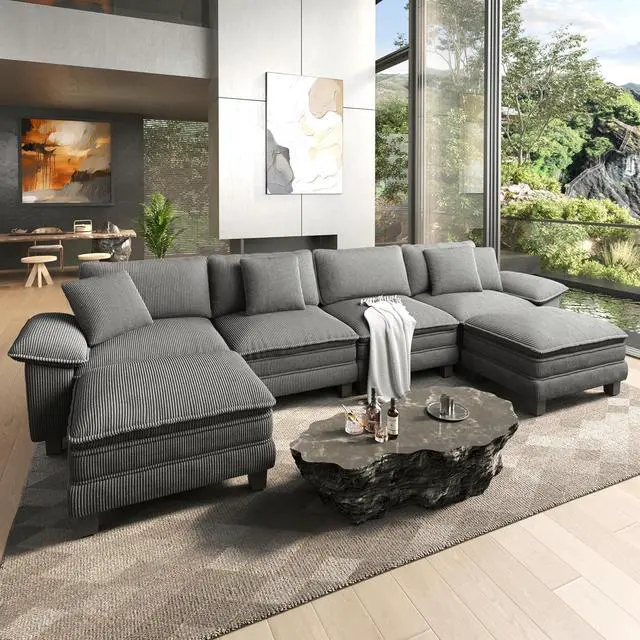 Main image of HERA'S HOUSE 158" Oversized Modular Sectional U Shaped Sofa, Corduroy Grey | 6-Seater Living Room Couches, Wider Armrest and Deep Seat, Comfy Cloud Couch with Ottoman, Wood Sturdy Frame