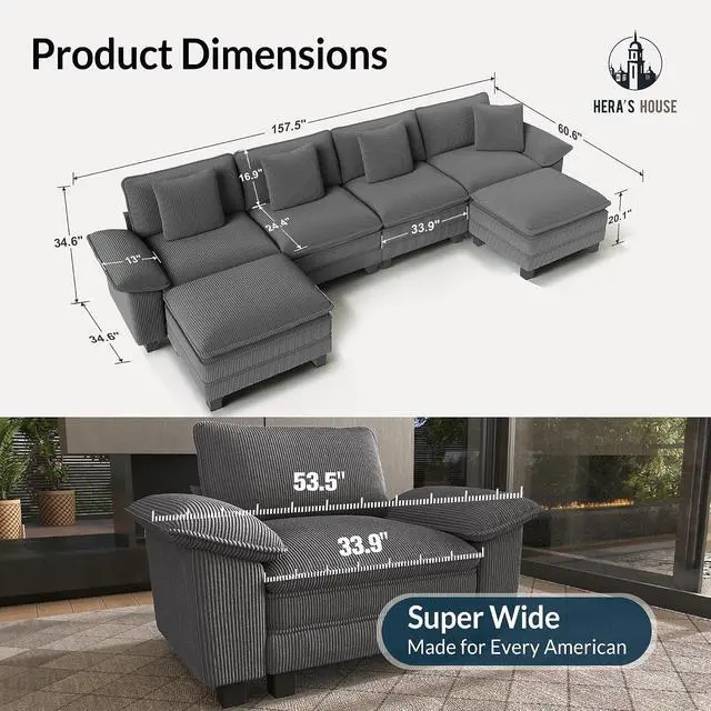 Alt view image 2 of 7 - HERA'S HOUSE 158" Oversized Modular Sectional U Shaped Sofa, Corduroy Grey | 6-Seater Living Room Couches, Wider Armrest and Deep Seat, Comfy Cloud Couch with Ottoman, Wood Sturdy Frame
