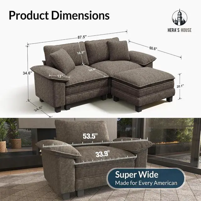 Alt view image 2 of 7 - HERA'S HOUSE 3-Seat L Shaped Modular Cloud Couch Sectional Sofa Ottoman | Modern 87.5" Couch, Smoky Grey, Wider Armrest, Comfy Deep Seat, Soft Chenille Sofa for Living Room