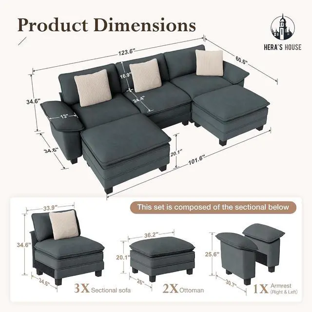 Alt view image 2 of 7 - HERA'S HOUSE 124" Oversized Modular Sectional U Shaped Sofa,Chenille Blue | 5-Seater Living Room Couches, Wider Armrest and Deep Seat, Comfy Cloud Couch with Ottoman, Wood Sturdy Frame
