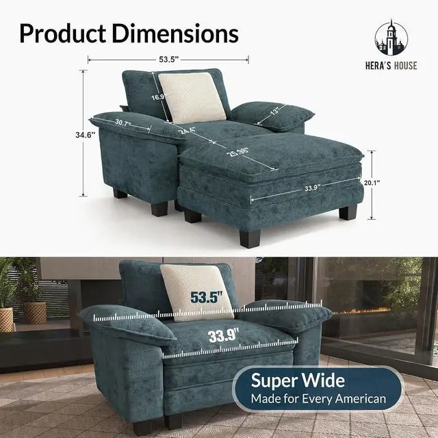 Alt view image 2 of 7 - HERA'S HOUSE 53" Modular Chaise Lounge Chair 1-Seat Couch with Ottoman | 1-Seater Living Room Couch, Chenille Teal, Wider Armrest and Deep Seat, Comfy Cloud Couch with Ottoman, Wood Sturdy Frame