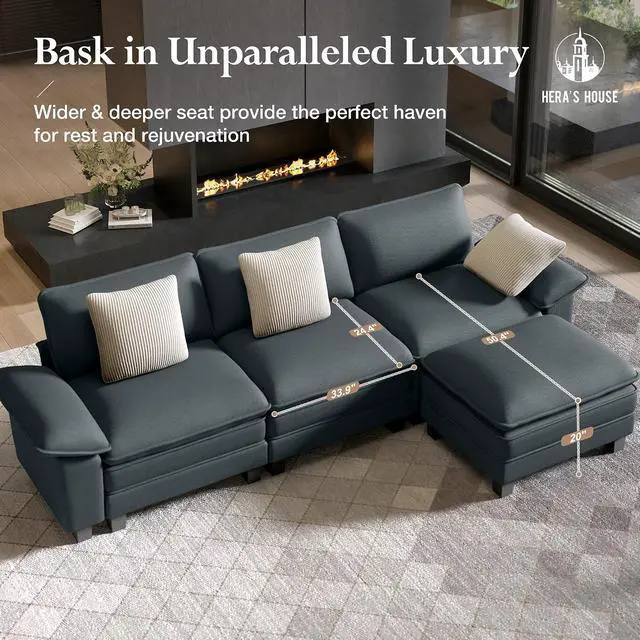 Alt view image 7 of 7 - HERA'S HOUSE 124" Oversized Modular Sectional U Shaped Sofa,Chenille Blue | 5-Seater Living Room Couches, Wider Armrest and Deep Seat, Comfy Cloud Couch with Ottoman, Wood Sturdy Frame