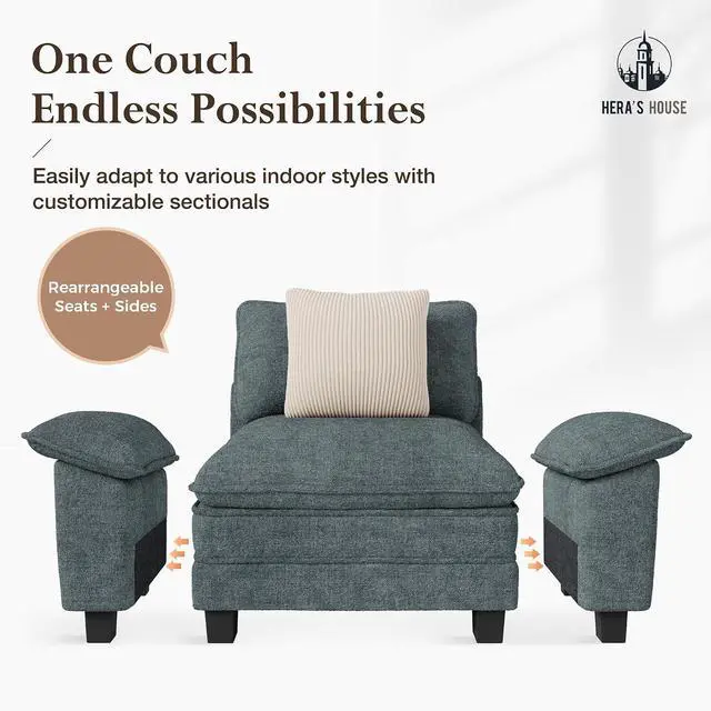 Alt view image 3 of 7 - HERA'S HOUSE 53" Modular Chaise Lounge Chair 1-Seat Couch with Ottoman | 1-Seater Living Room Couch, Chenille Teal, Wider Armrest and Deep Seat, Comfy Cloud Couch with Ottoman, Wood Sturdy Frame