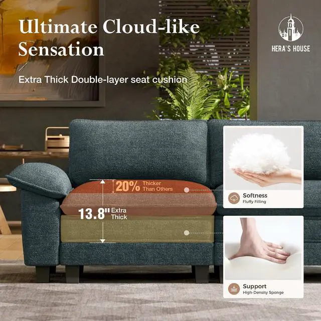 Alt view image 4 of 7 - HERA'S HOUSE 53" Modular Chaise Lounge Chair 1-Seat Couch with Ottoman | 1-Seater Living Room Couch, Chenille Teal, Wider Armrest and Deep Seat, Comfy Cloud Couch with Ottoman, Wood Sturdy Frame