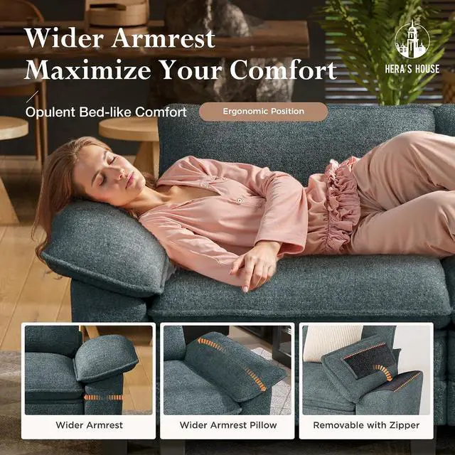 Alt view image 5 of 7 - HERA'S HOUSE 53" Modular Chaise Lounge Chair 1-Seat Couch with Ottoman | 1-Seater Living Room Couch, Chenille Teal, Wider Armrest and Deep Seat, Comfy Cloud Couch with Ottoman, Wood Sturdy Frame