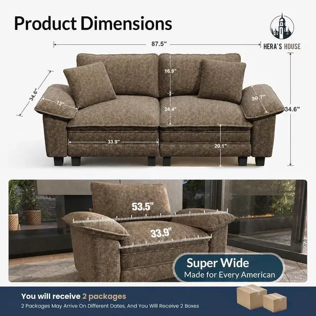 Alt view image 2 of 7 - HERA'S HOUSE 88" Oversized Modular Sectional Loveseat Sofa,Chenille Taupe | Loveseat Living Room Couches, Wider Armrest and Deep Seat, Comfy Cloud Couch with Ottoman, Grayish Brown