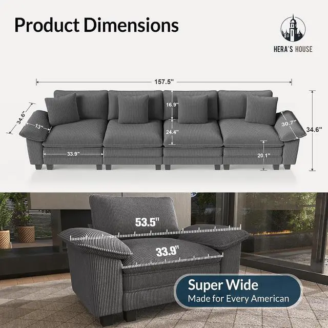 Alt view image 2 of 7 - HERA'S HOUSE 158" Oversized Modular Sectional Straight Sofa, Corduroy Grey | 4-Seater Living Room Couches, Wider Armrest and Deep Seat, Comfy Cloud Couch with Ottoman, Wood Sturdy Frame
