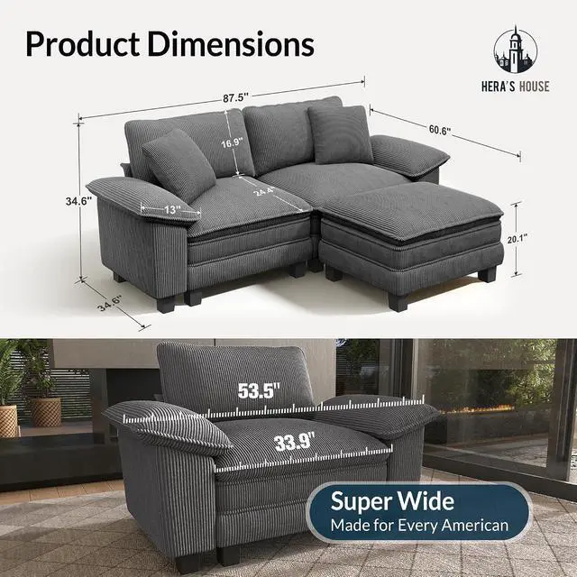 Alt view image 2 of 7 - HERA'S HOUSE 3-Seat L Shaped Modular Cloud Couch Sectional Sofa Ottoman | Modern 87.5" Couch, Grey, Wider Armrest, Comfy Deep Seat, Soft Corduroy Sofa for Living Room